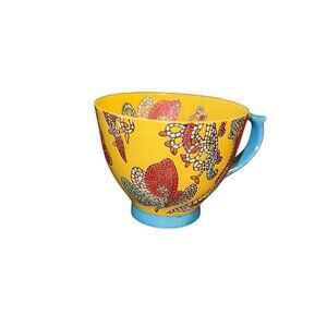 Bright Yellow Butterfly Ceramic Mug With Blue Handle & Mosaic Design - 16 Oz Cap